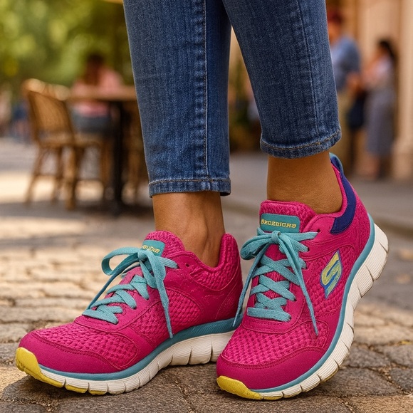 Skechers Women’s Pink Blue Lightweight Flex Sole Running Athletic Shoes GUC 8.5 - Picture 1 of 7